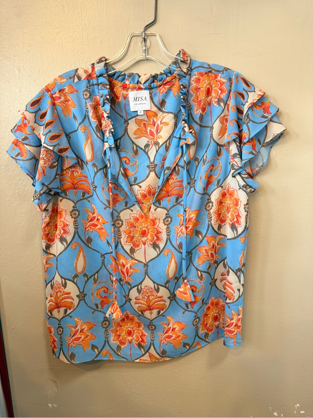 MISA Los Angeles Blue Orange Floral Ruffle Flutter Sleeve Blouse Size S